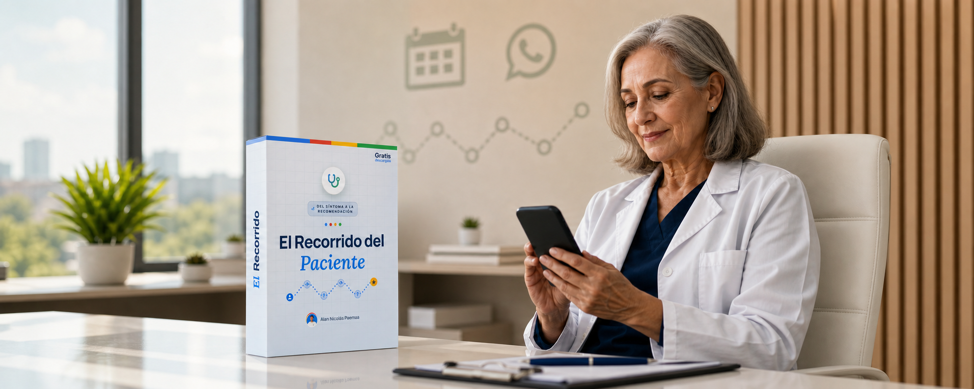 Médica en su consultorio con la Guía del Recorrido del Paciente sobre el escritorio