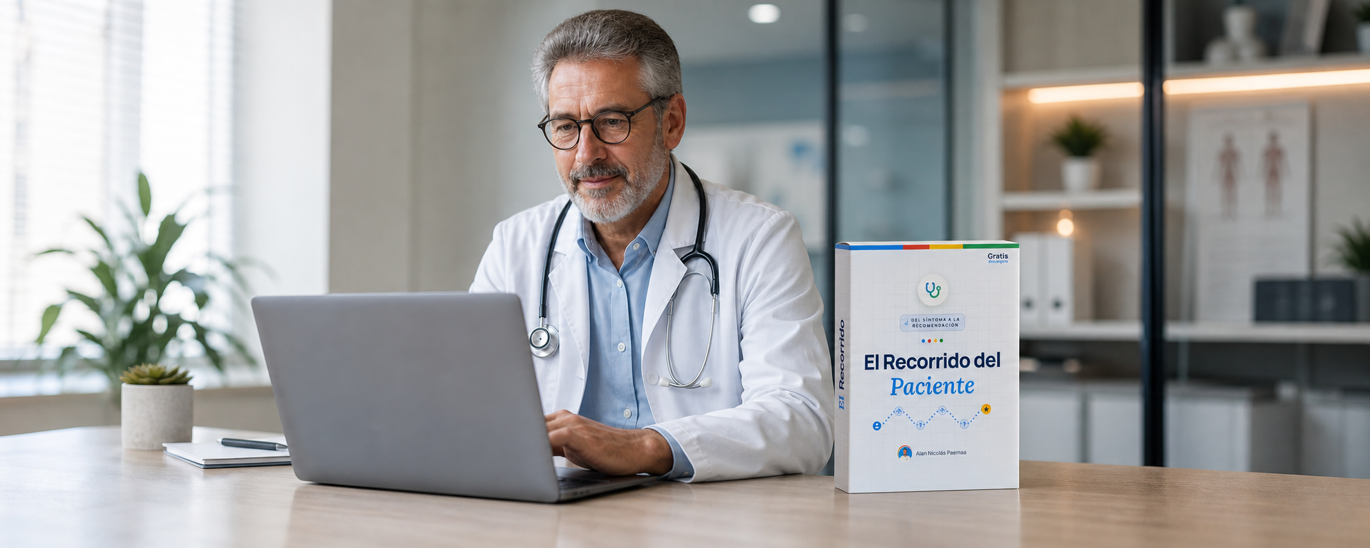 Profesional de la salud revisando su presencia online en la computadora, con el pack de la Guía al lado