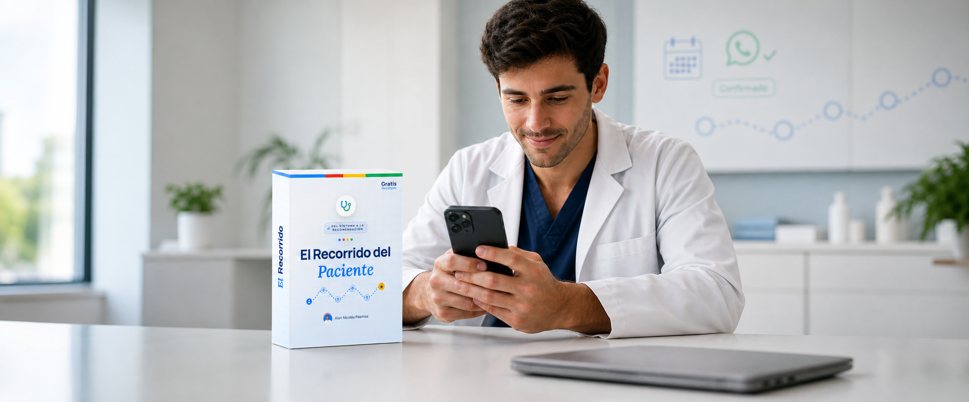 Kinesiólogo respondiendo mensajes de pacientes desde el teléfono, junto al pack de la Guía